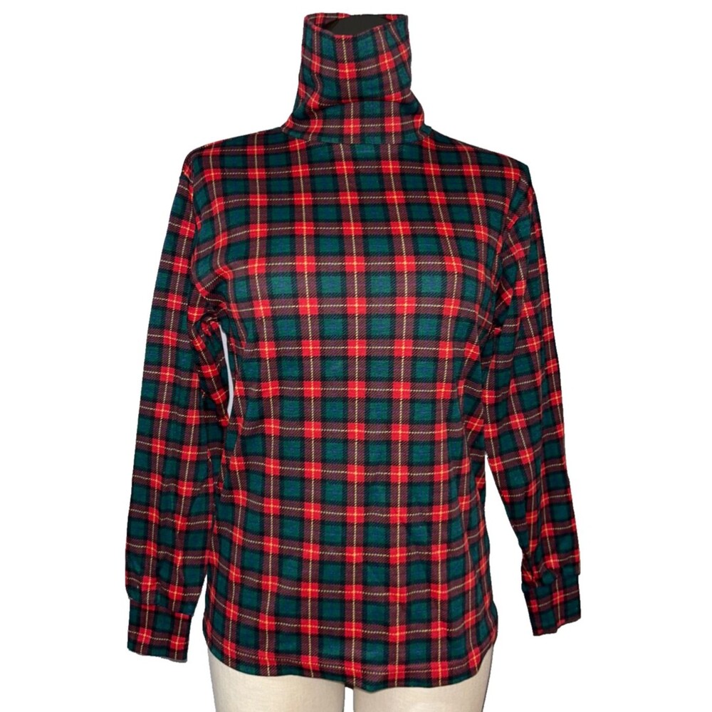 Karen Scott Women’s Vintage Plaid Cotton Rich Turtleneck Knit Top size S Festive
